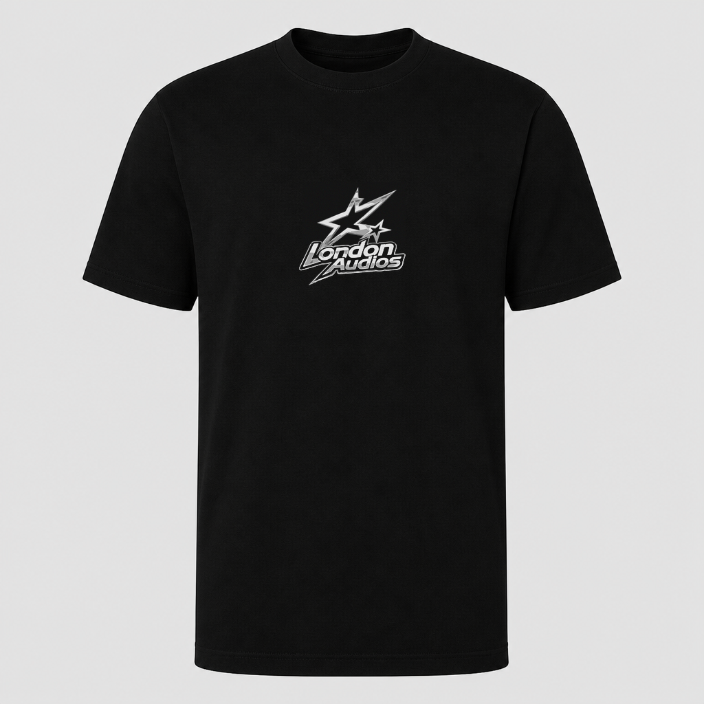 The London☆ Audios Signature Tee — black heavyweight cotton t-shirt with chrome silver chest wordmark